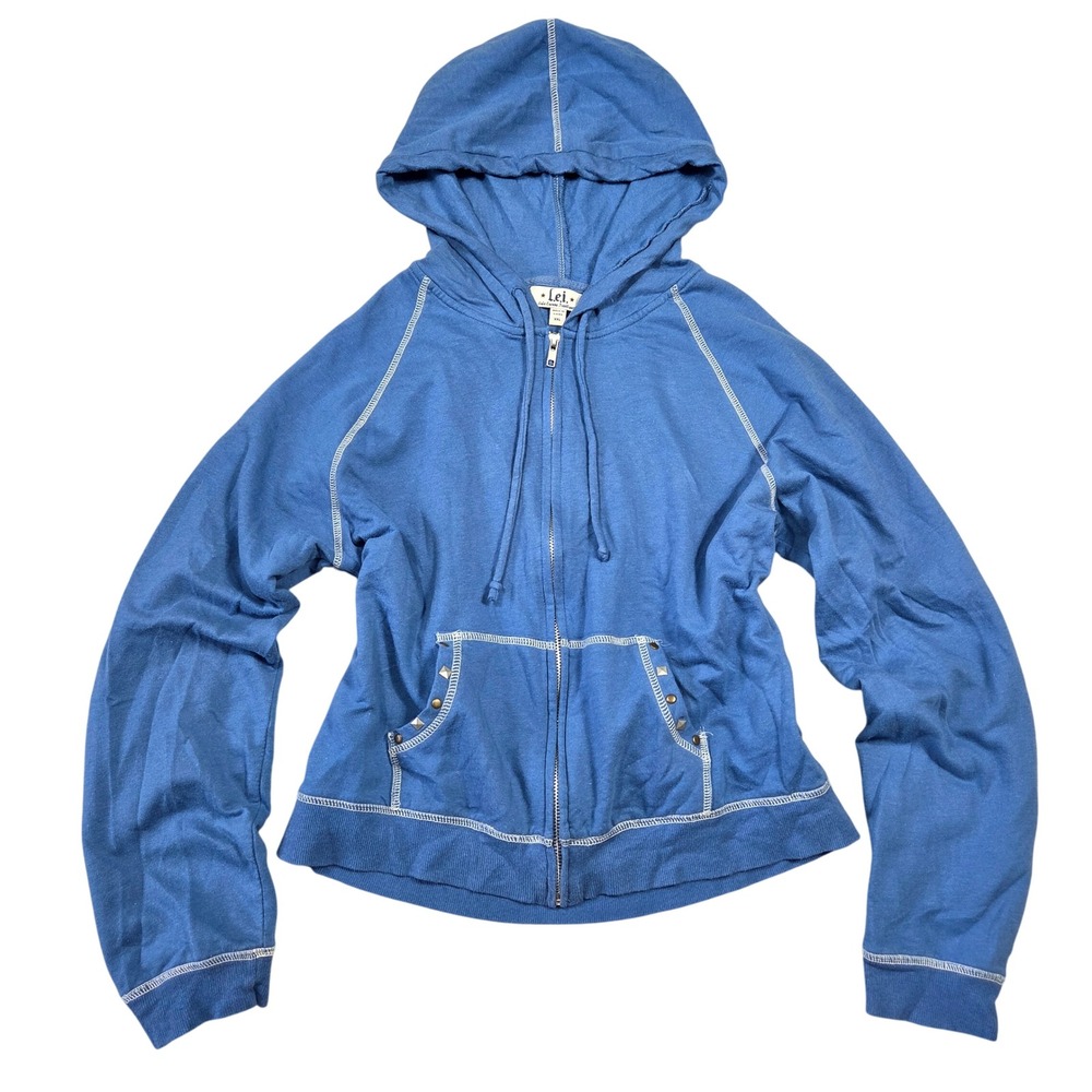 LEI Blue Hoodie Full Zip Studded Hoodie Womens XXL Y2k 2000s Contrast Stitch Vtg